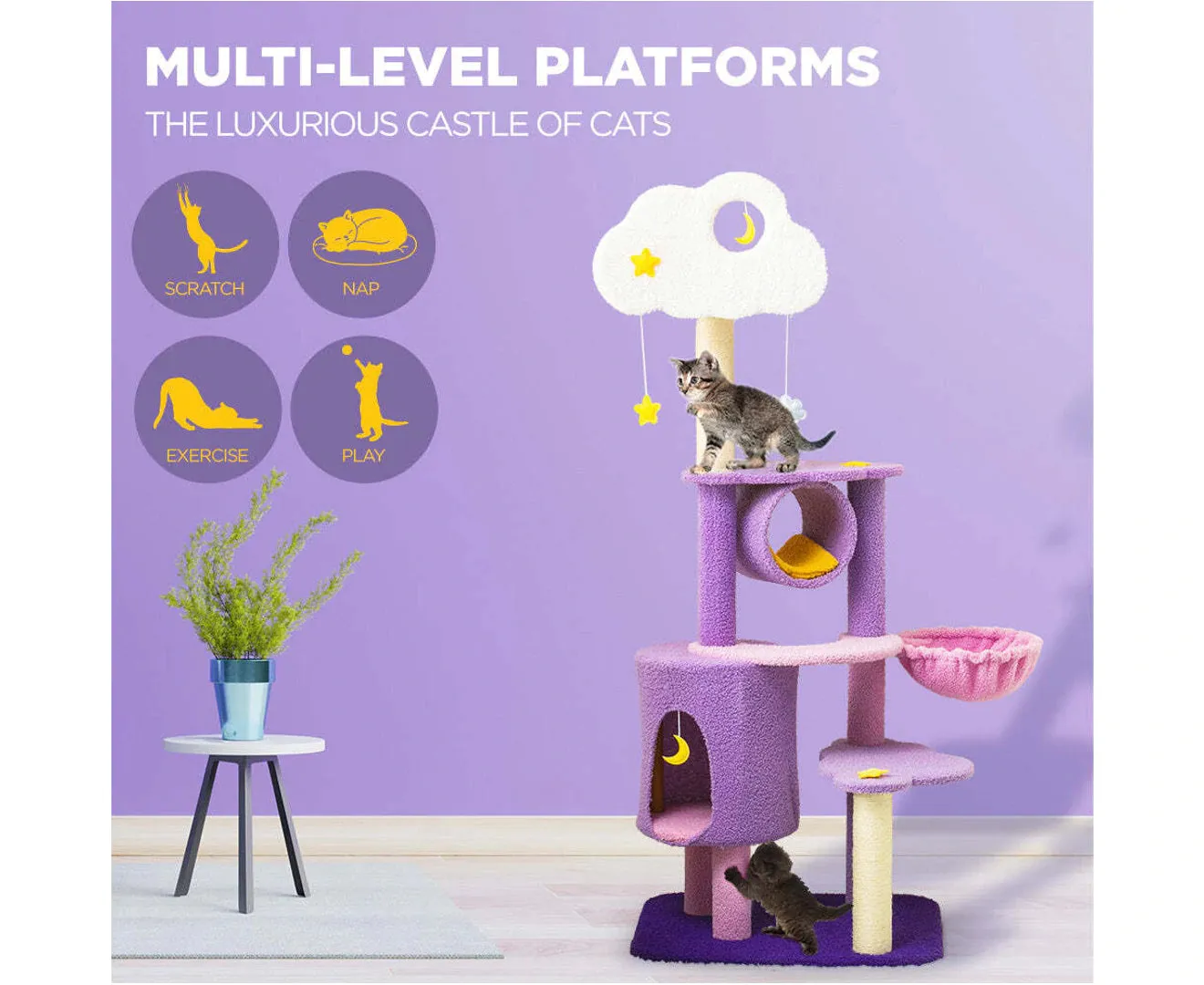 1.5m Cat Tree Scratching Post and Adventure Cat Tower - Star and Moon
