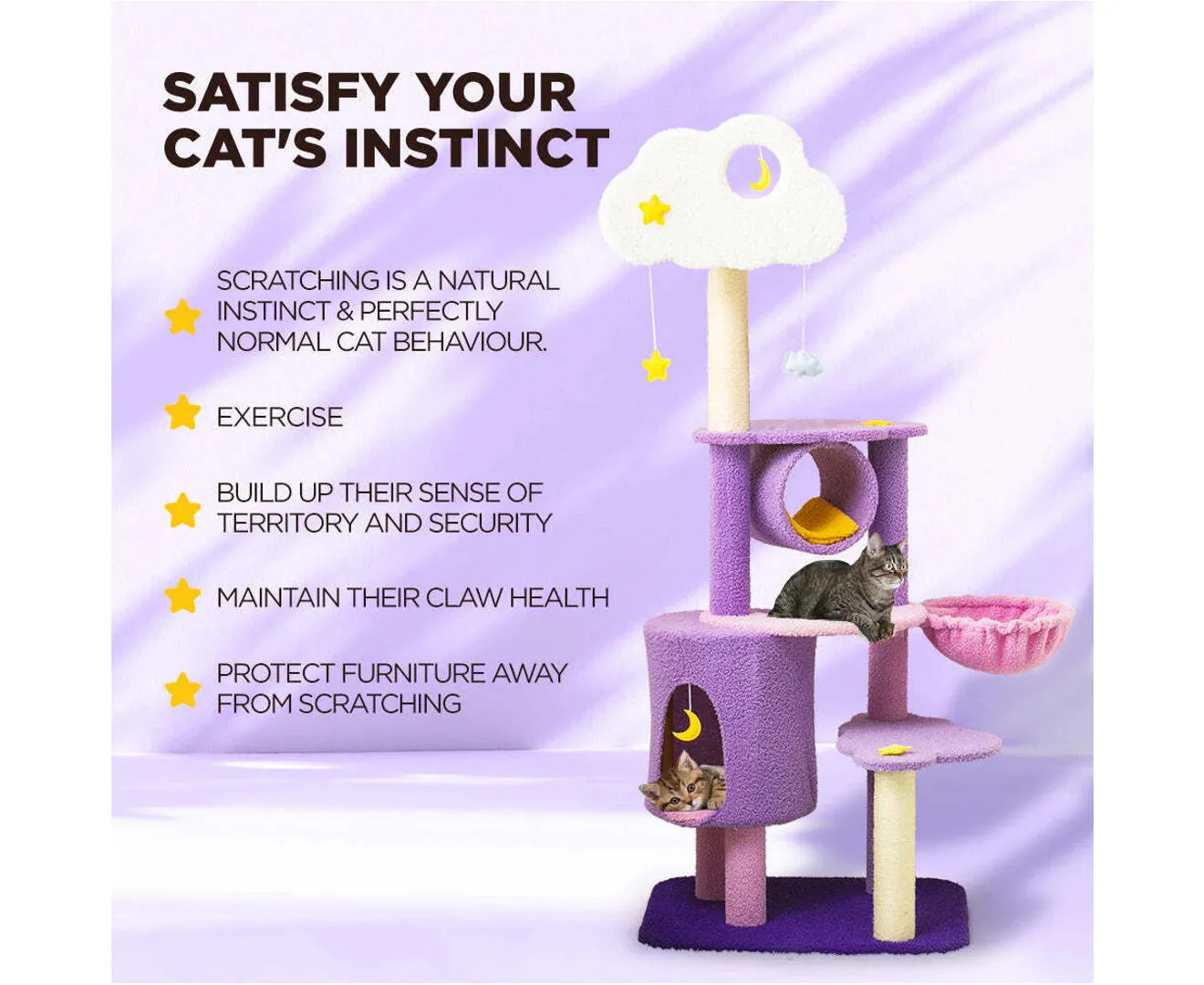 1.5m Cat Tree Scratching Post and Adventure Cat Tower - Star and Moon