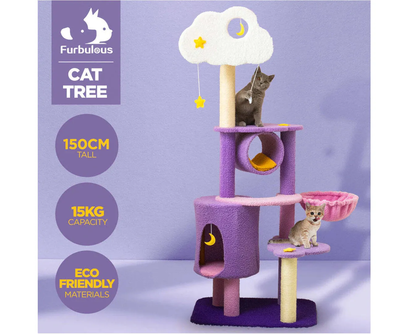 1.5m Cat Tree Scratching Post and Adventure Cat Tower - Star and Moon