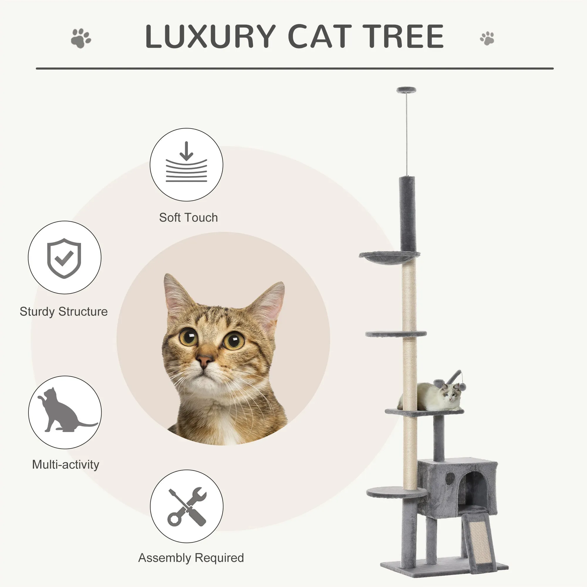 270cm Floor To Ceiling Cat Tree Cat House Scratching Post for Indoor Cats Hammock Hanging Ball Activity Center Grey