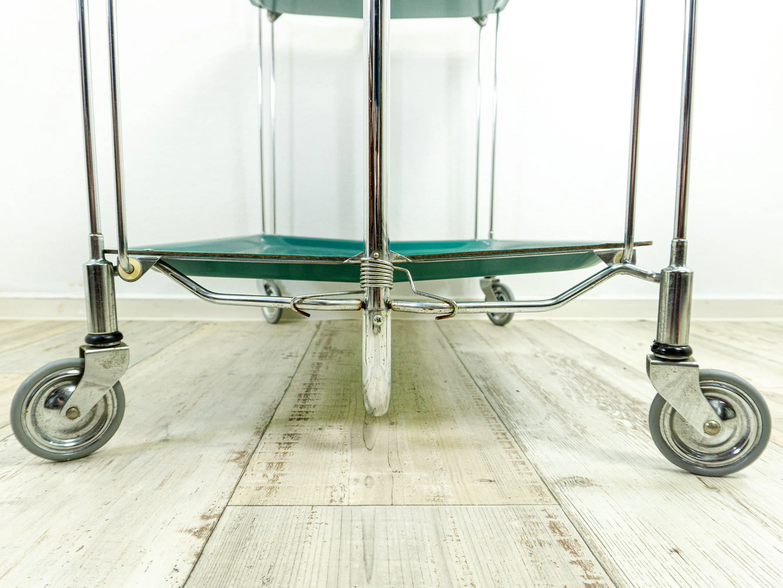 Blue-green 1970s FOLDABLE BAR CART 'Dinett' by Bremshey,  Formica serving trolley
