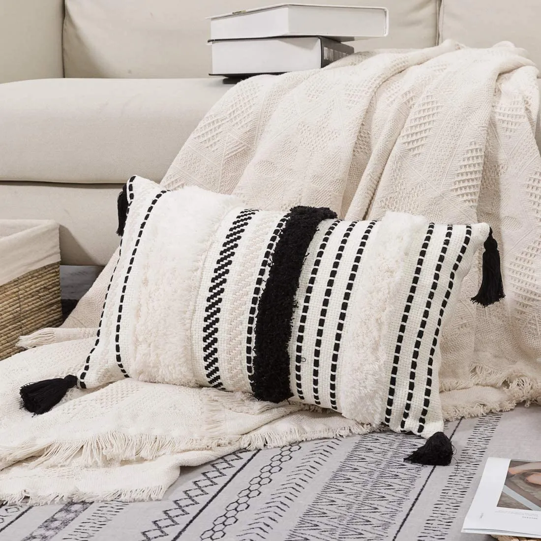 Boho Stripe Lumbar Tufted Pillows