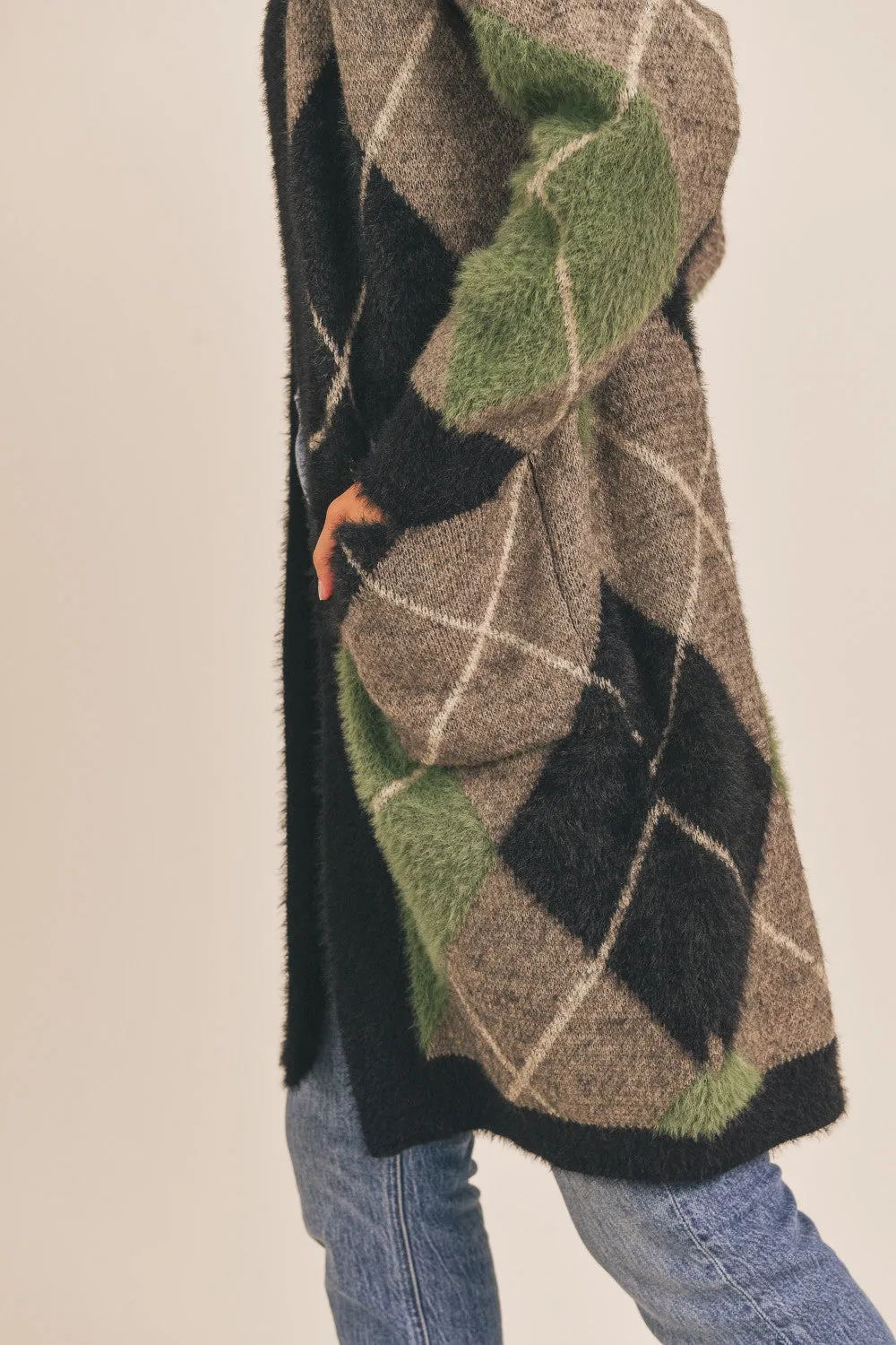 Fuzzy Plaid Jacquard Cardigan (Green Multi)