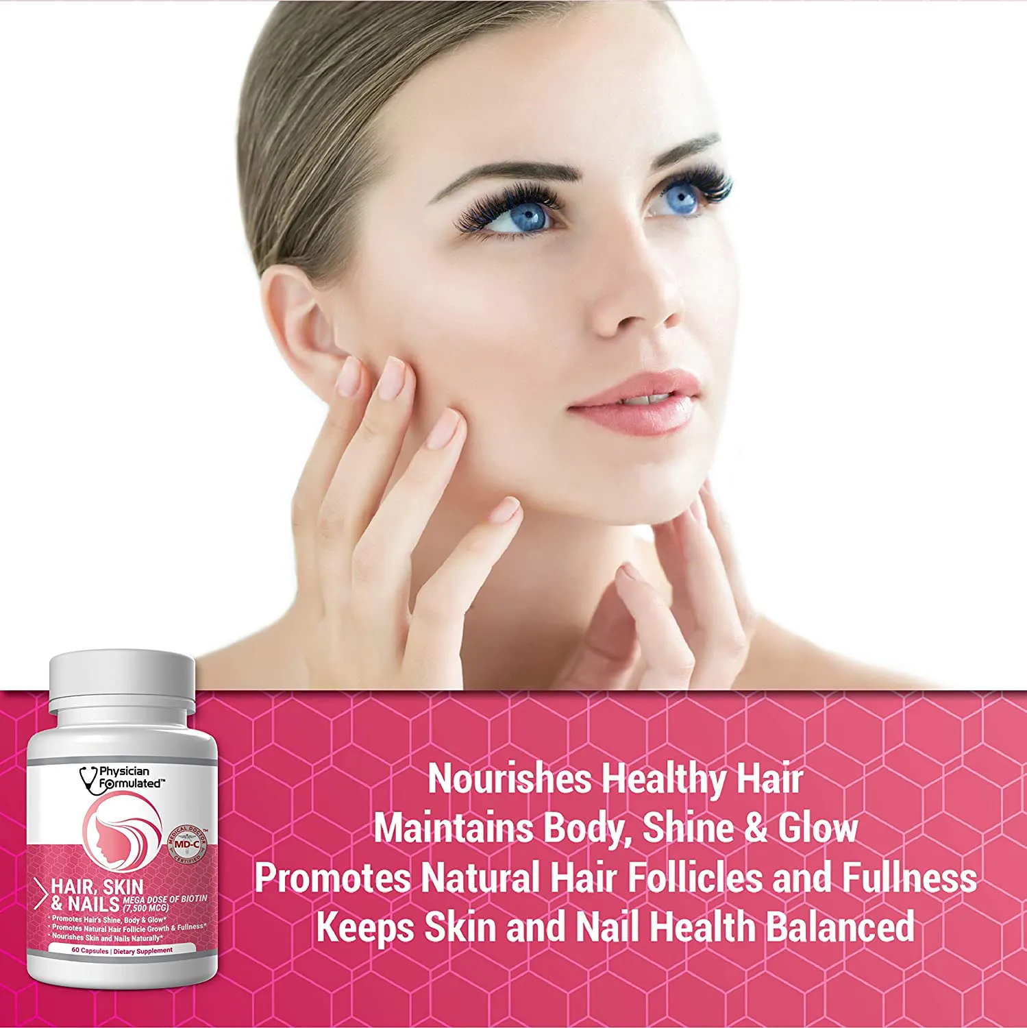 Physician Formulated Healthy Hair Skin and Nails Vitamins for Men and Women - 7500 Mcg Biotin, Amino Acids, Collagen and Hyaluronic Acid - 60 Capsules