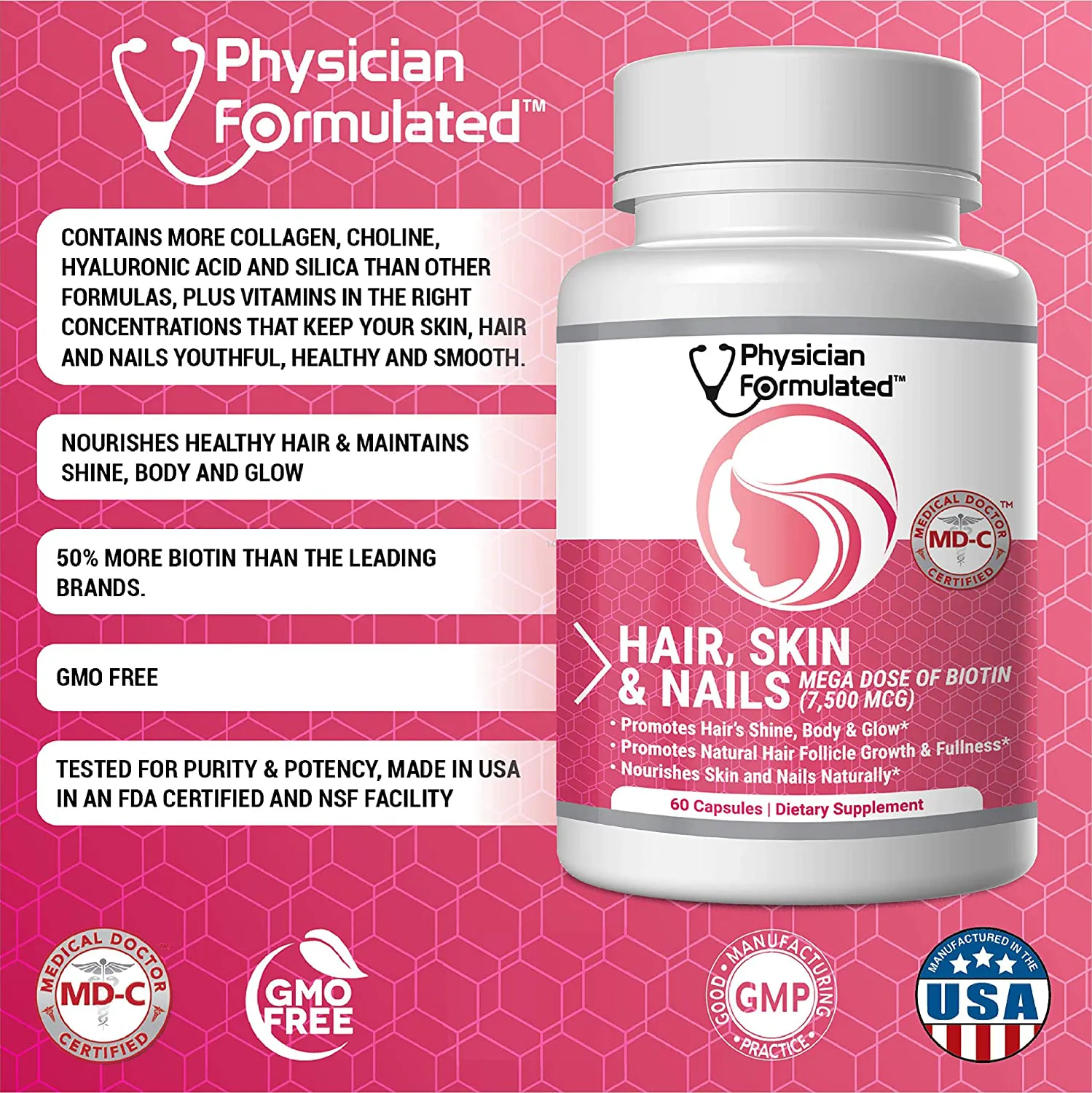 Physician Formulated Healthy Hair Skin and Nails Vitamins for Men and Women - 7500 Mcg Biotin, Amino Acids, Collagen and Hyaluronic Acid - 60 Capsules