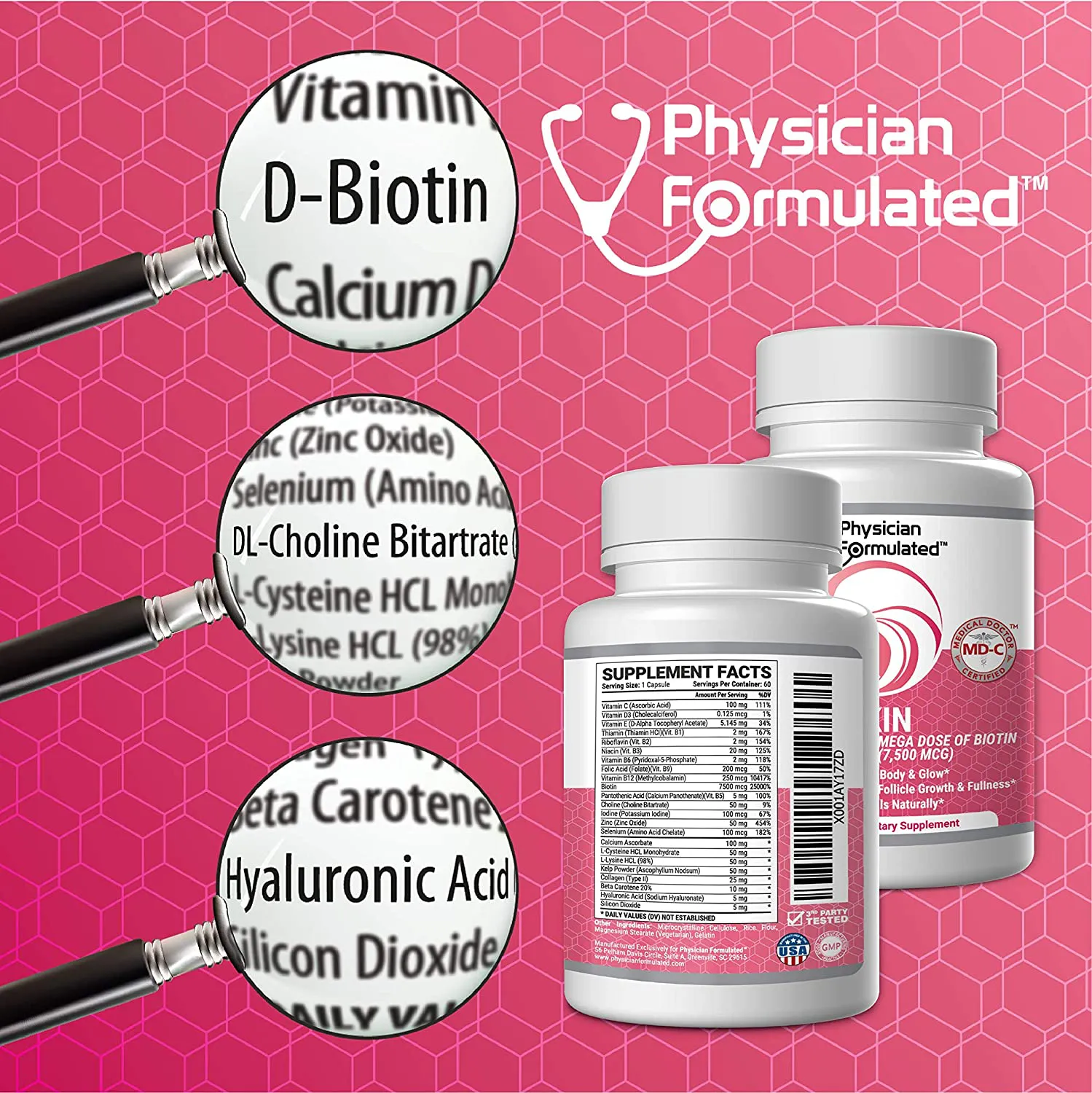 Physician Formulated Healthy Hair Skin and Nails Vitamins for Men and Women - 7500 Mcg Biotin, Amino Acids, Collagen and Hyaluronic Acid - 60 Capsules