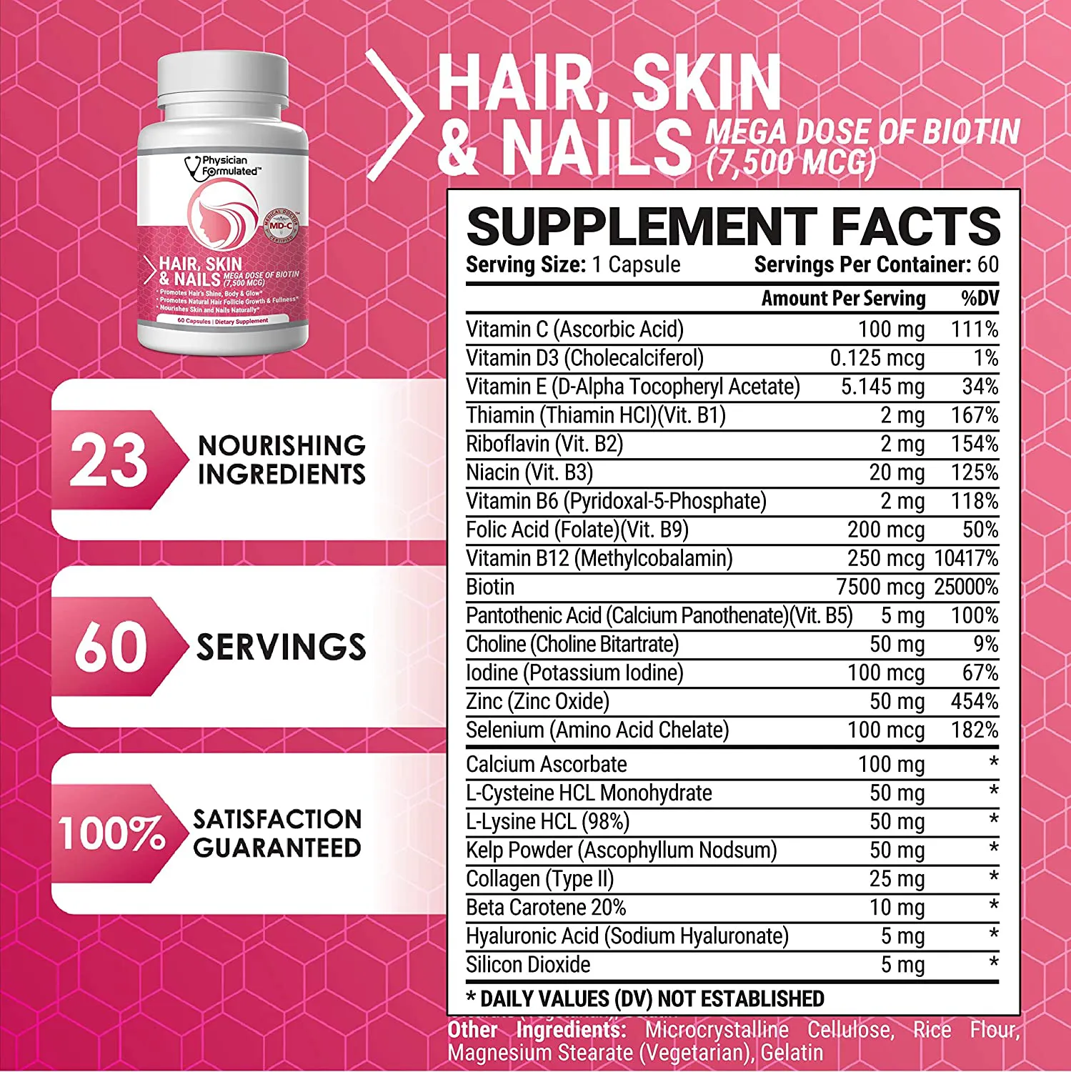 Physician Formulated Healthy Hair Skin and Nails Vitamins for Men and Women - 7500 Mcg Biotin, Amino Acids, Collagen and Hyaluronic Acid - 60 Capsules